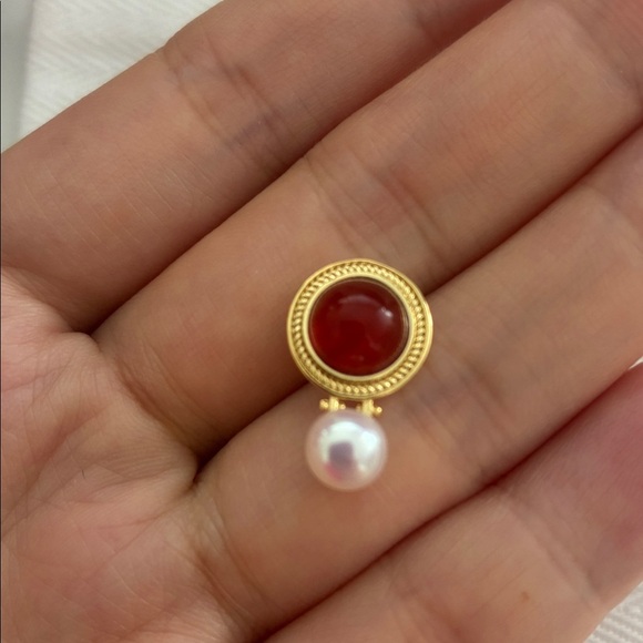 Gold Red Stone Pearl Earrings | Sterling Silver Posts | Affordable Gift for Her - Picture 4 of 7